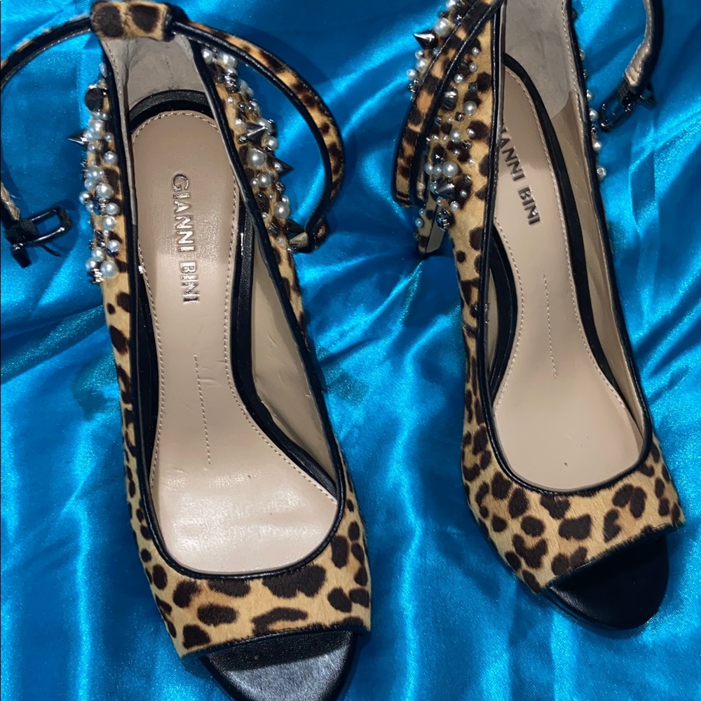 Gianni Bini Leopard Print Heels with Pearls and Spikes
